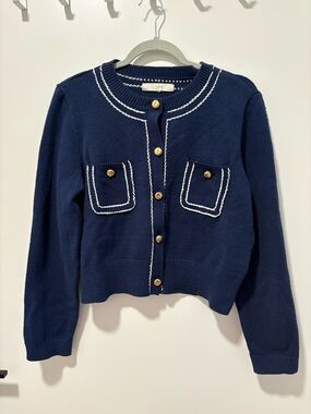 LOFT Navy Cardigan with White Trim and Gold Buttons